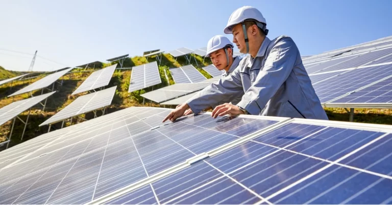 two men looking at solar panels in the sun