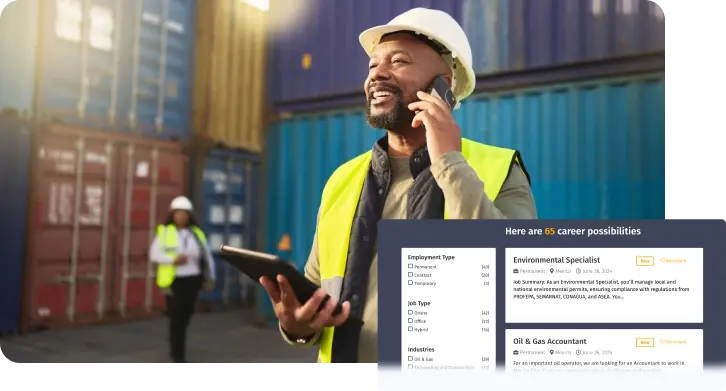 A construction worker in a safety vest and hard hat talking on a phone, with a job application interface displayed nearby.