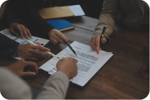 Close-up of professionals collaboratively reviewing and signing a contract, illustrating EOR in UAE. The image underscores the detailed and meticulous process involved in employer of record services in the United Arab Emirates, emphasizing partnership and attention to legal documentation.