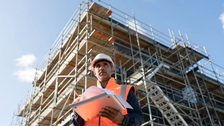 civil engineer looking at construction site with laptop and blueprint in hand