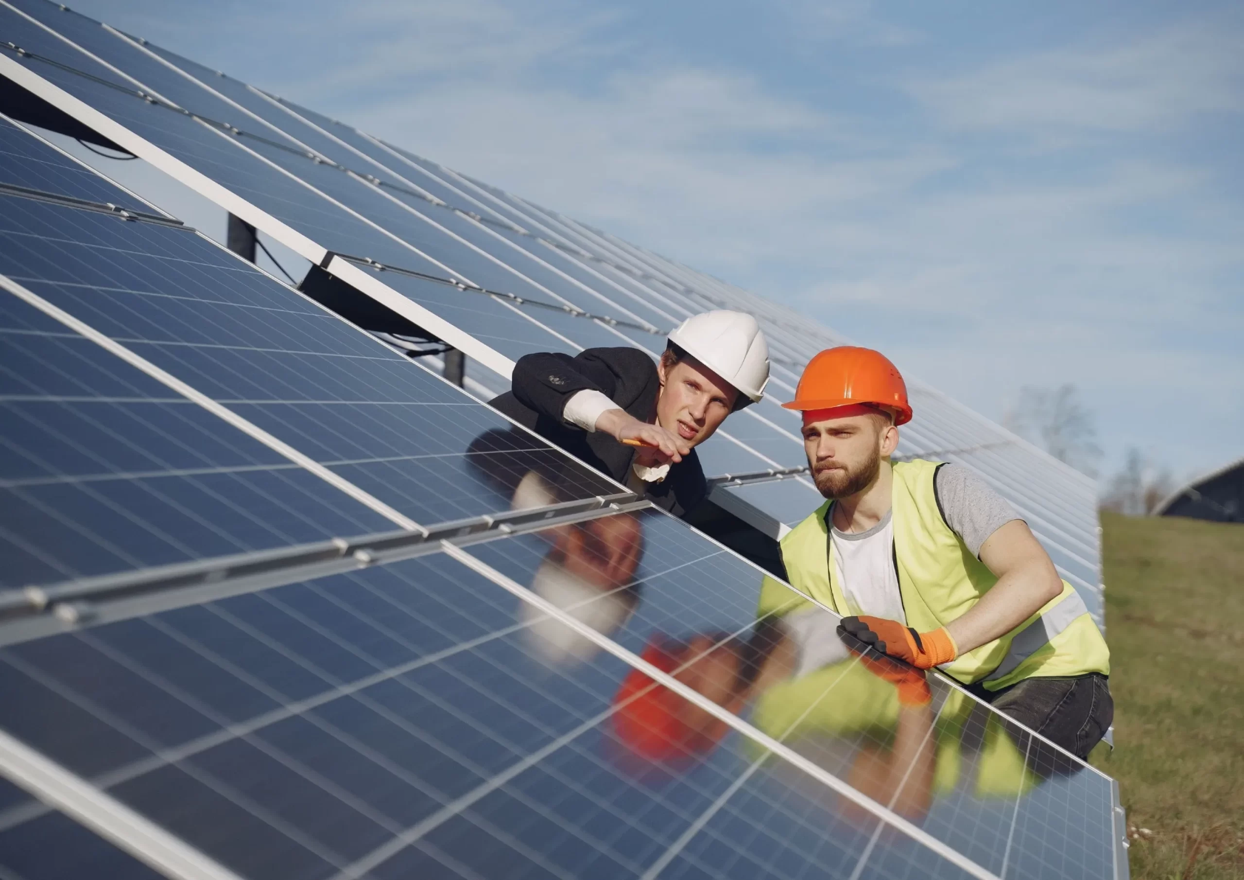 Professionals assess solar panel installations as part of renewable energy operations.